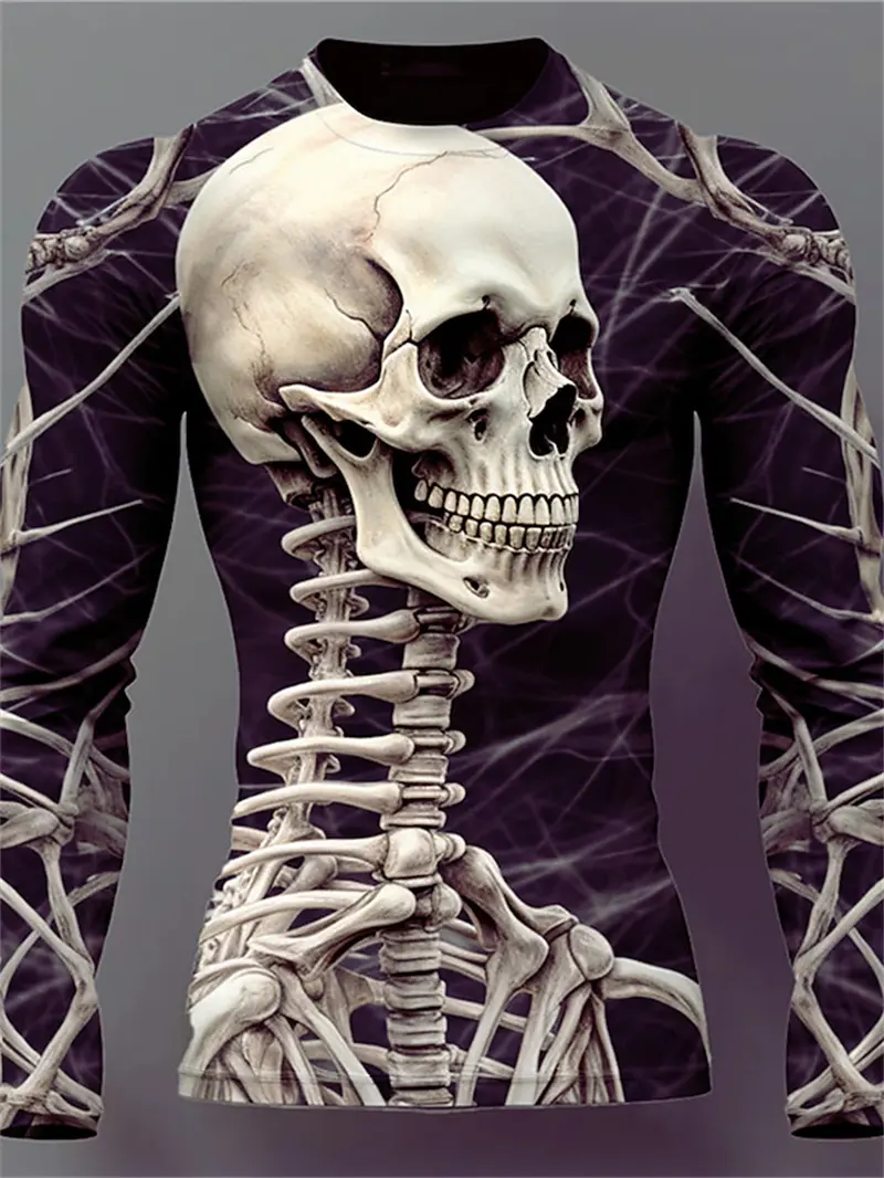 Retro 3D Full Print Long Sleeve T-shirt Mens Y2k Vatage Skeleton Skulls Graphic Harajuku Tee Tops Casual Harajuku Men's Clothing