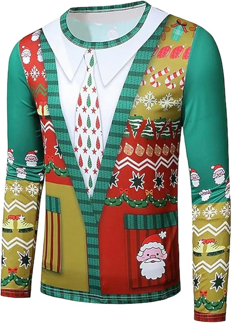 Christmas  Simulated Suit T-shirt Men 3D Fake Bow Fun Printed Men Clothing Personality Long Sleeve Round Neck Hip Hop Party Tops