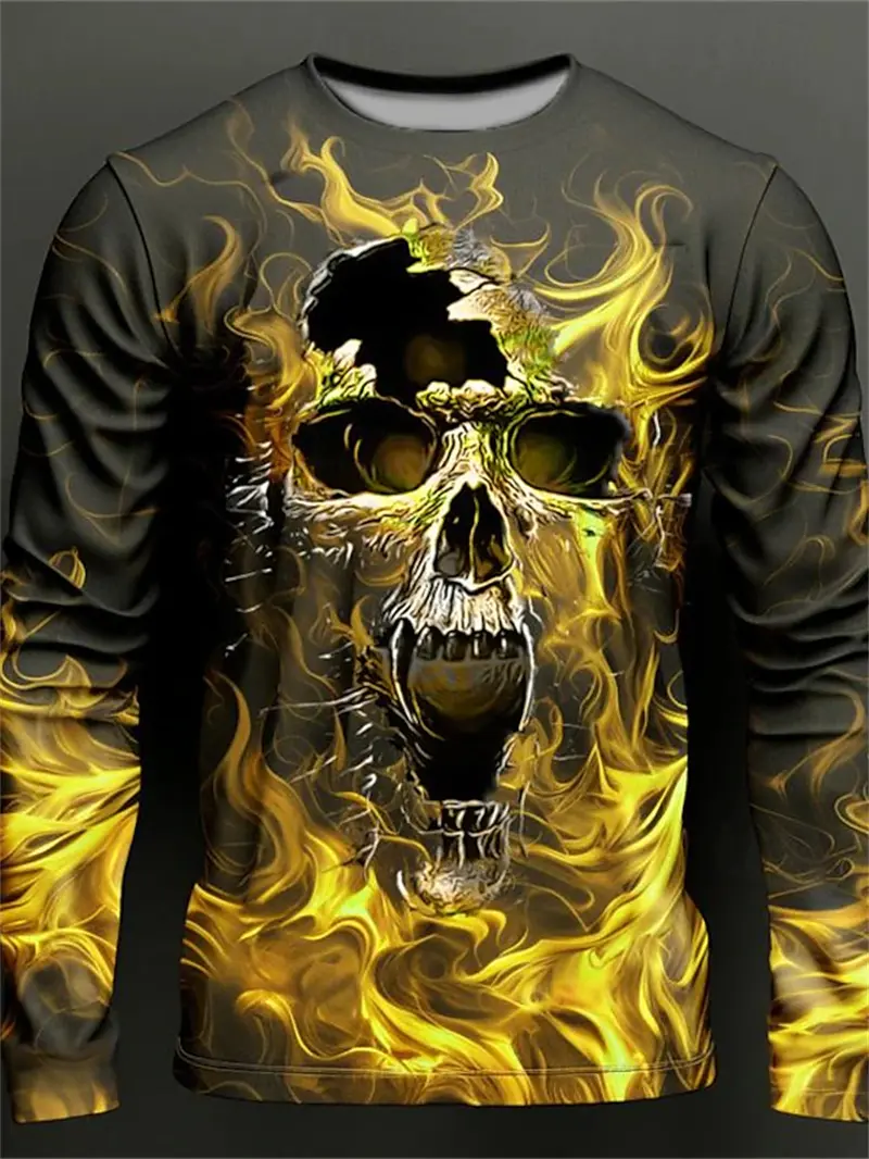 Retro 3D Full Print Long Sleeve T-shirt Mens Y2k Vatage Skeleton Skulls Graphic Harajuku Tee Tops Casual Harajuku Men's Clothing