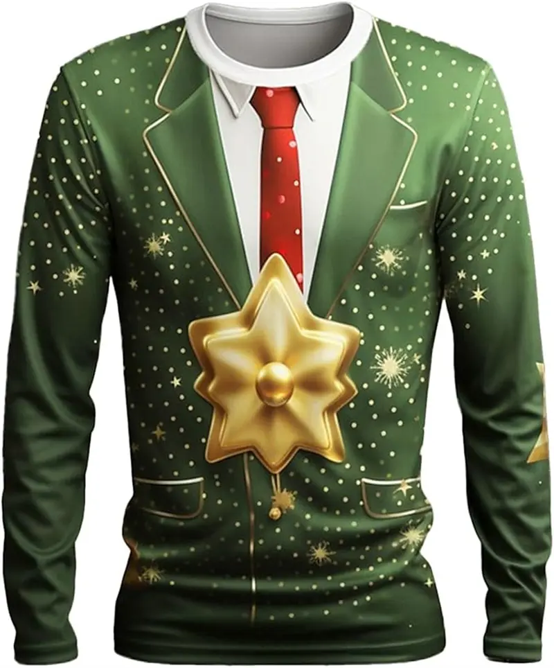 Christmas  Simulated Suit T-shirt Men 3D Fake Bow Fun Printed Men Clothing Personality Long Sleeve Round Neck Hip Hop Party Tops