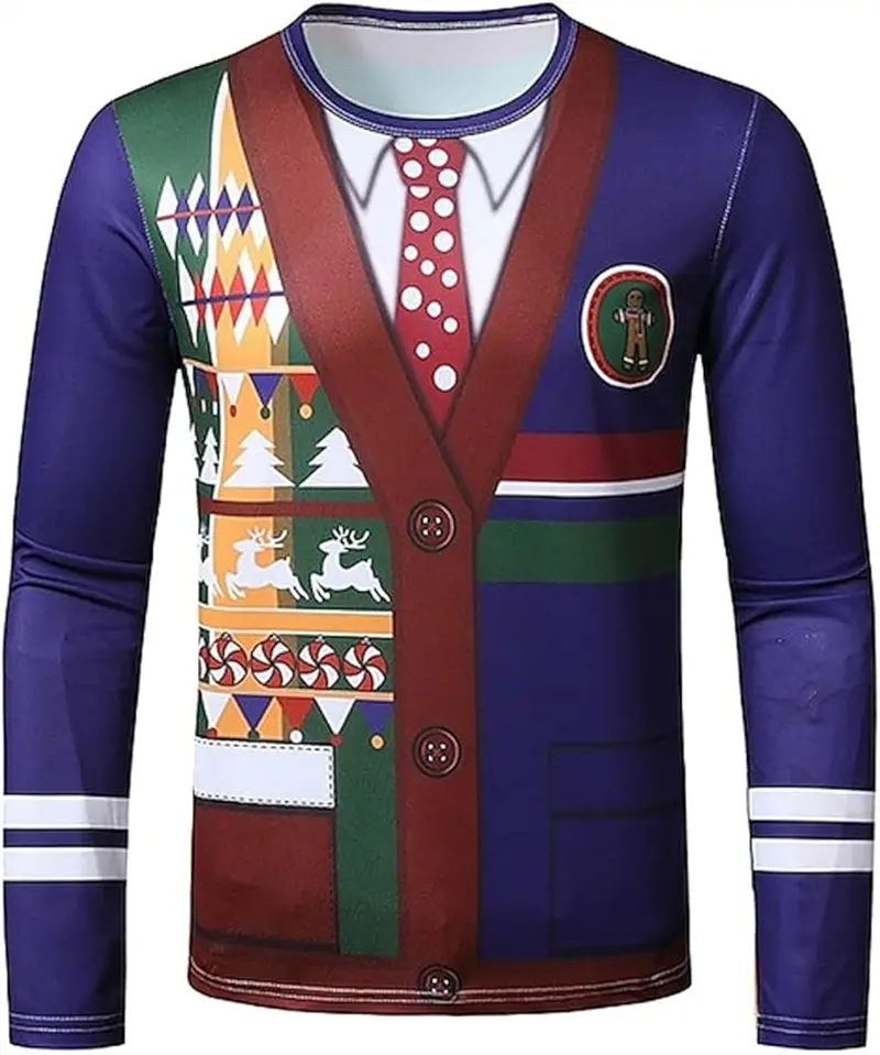 Christmas  Simulated Suit T-shirt Men 3D Fake Bow Fun Printed Men Clothing Personality Long Sleeve Round Neck Hip Hop Party Tops