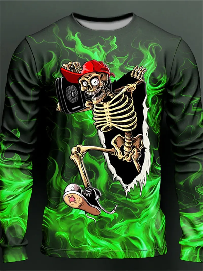 Retro 3D Full Print Long Sleeve T-shirt Mens Y2k Vatage Skeleton Skulls Graphic Harajuku Tee Tops Casual Harajuku Men's Clothing