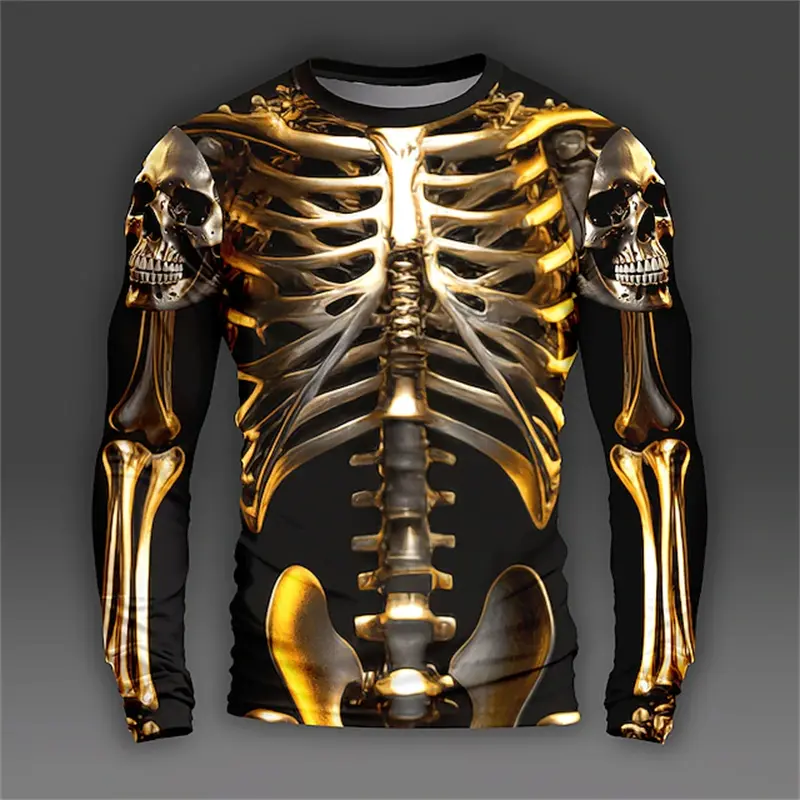Retro 3D Full Print Long Sleeve T-shirt Mens Y2k Vatage Skeleton Skulls Graphic Harajuku Tee Tops Casual Harajuku Men's Clothing
