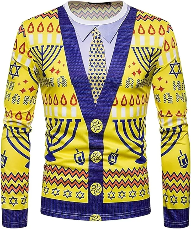 Christmas  Simulated Suit T-shirt Men 3D Fake Bow Fun Printed Men Clothing Personality Long Sleeve Round Neck Hip Hop Party Tops