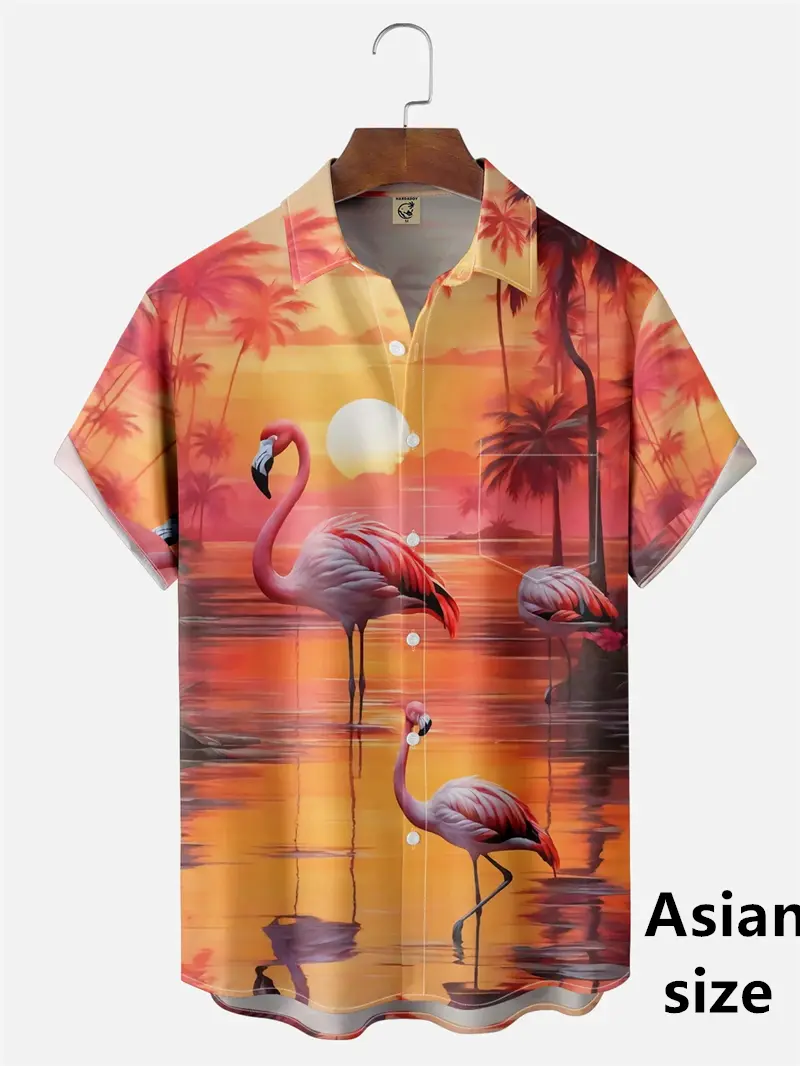 Personality Hawaiian Flamingo 3D Printed Men Beach Shirts Casual  Trendy Hip Pop Women Short Sleeved Tops New Men Button Shirts