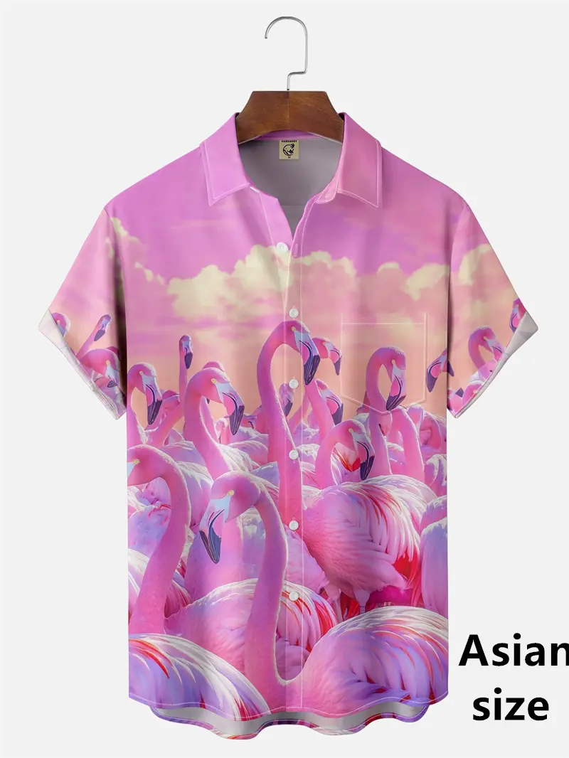 Personality Hawaiian Flamingo 3D Printed Men Beach Shirts Casual  Trendy Hip Pop Women Short Sleeved Tops New Men Button Shirts