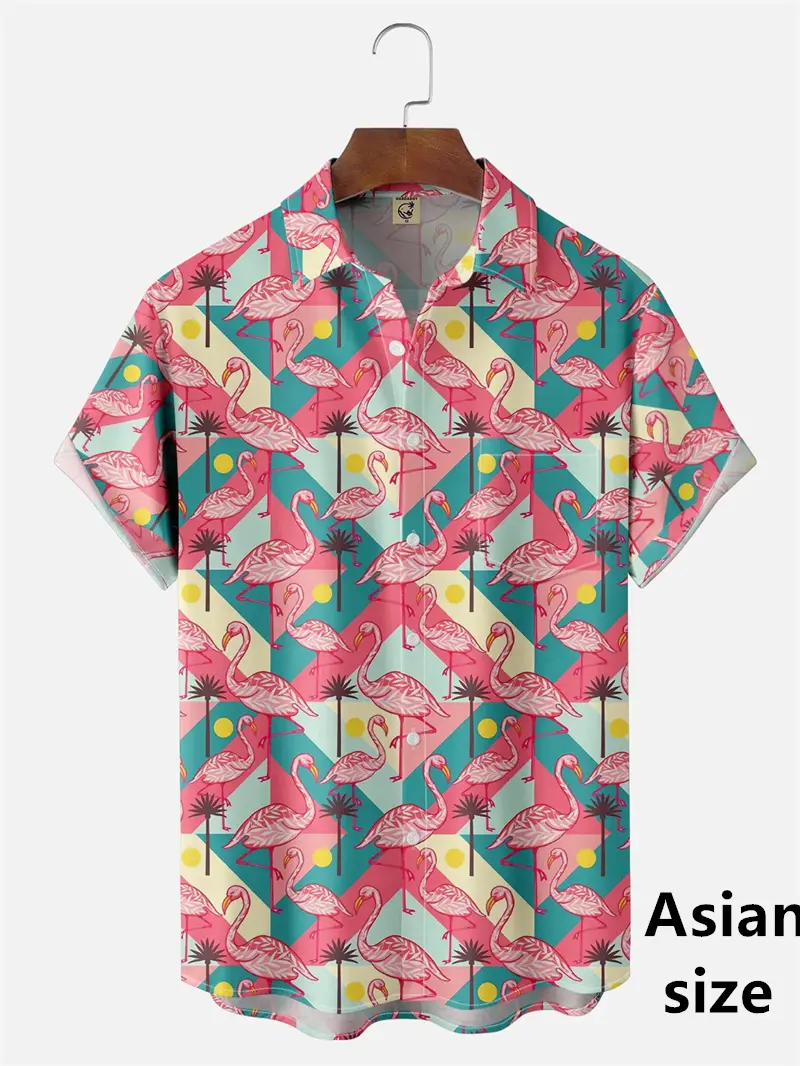 Personality Hawaiian Flamingo 3D Printed Men Beach Shirts Casual  Trendy Hip Pop Women Short Sleeved Tops New Men Button Shirts