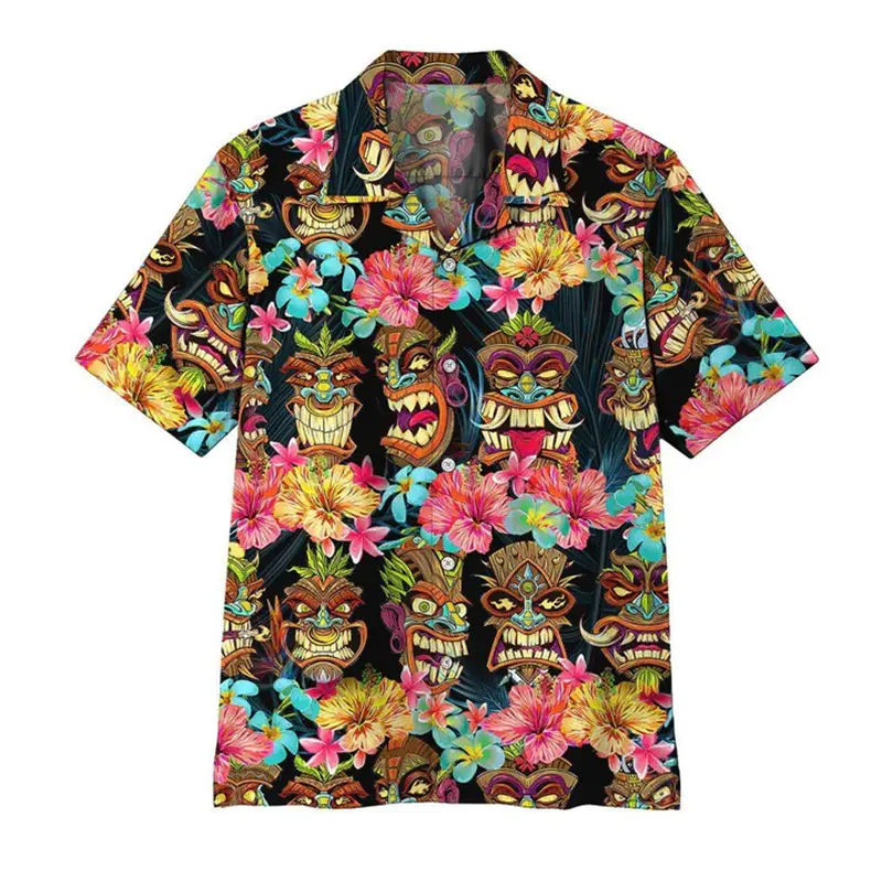 2024 New Fashion Vintage Tiki 3D Graphic Summer Shirts Men Y2k Clothing Casual Retro Shirt Women Harajuku Hawaiian Beach Blouse
