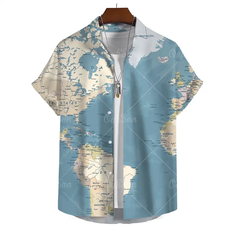 3D Print World Map Men's Shirts Digital Print Oversized Buttons Short Sleeves Men Women Loose Casual Summer Beach Hawaiian Tops