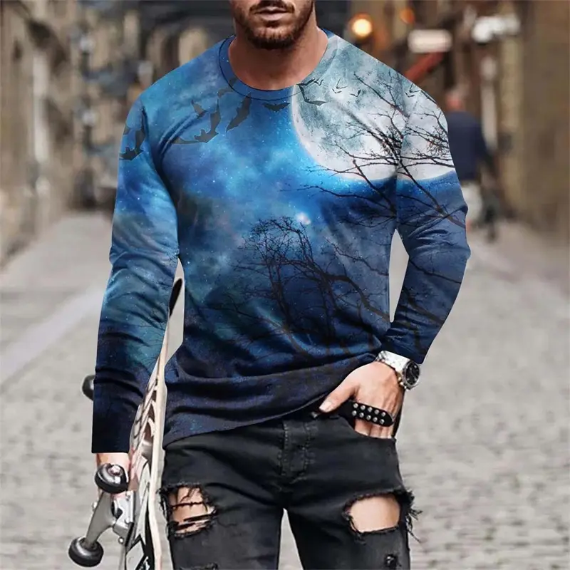 Halloween Spider Web Men 3D Print Long Sleeve T-Shirts Men New In Long Sleeve Oversized Harajuku Y2K Streetwear Tees Men Clothes
