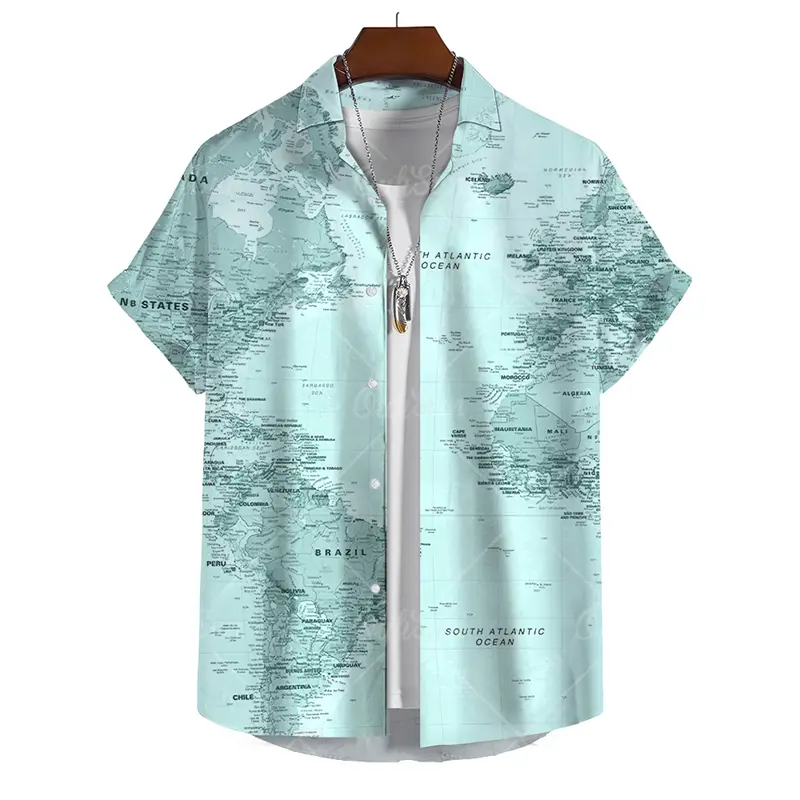 3D Print World Map Men's Shirts Digital Print Oversized Buttons Short Sleeves Men Women Loose Casual Summer Beach Hawaiian Tops