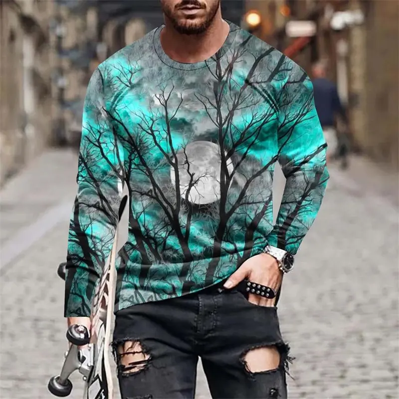 Halloween Spider Web Men 3D Print Long Sleeve T-Shirts Men New In Long Sleeve Oversized Harajuku Y2K Streetwear Tees Men Clothes