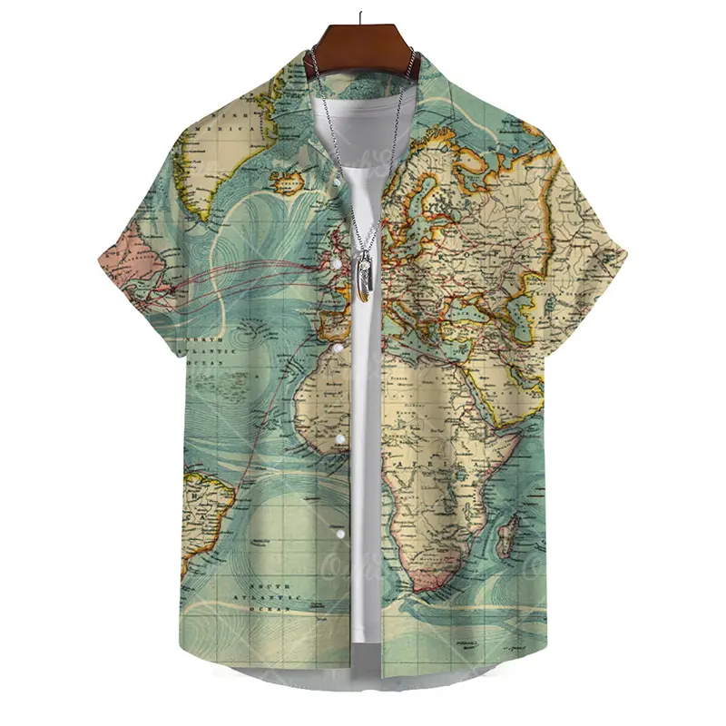 3D Print World Map Men's Shirts Digital Print Oversized Buttons Short Sleeves Men Women Loose Casual Summer Beach Hawaiian Tops