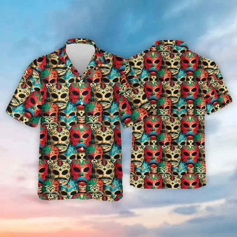 3d Print Mexican Wrestling Men's Shirts Summer Cool Mask Graphic Short Sleeve Beach Shirt Casual Hawaiian Top Tee Men Clothing