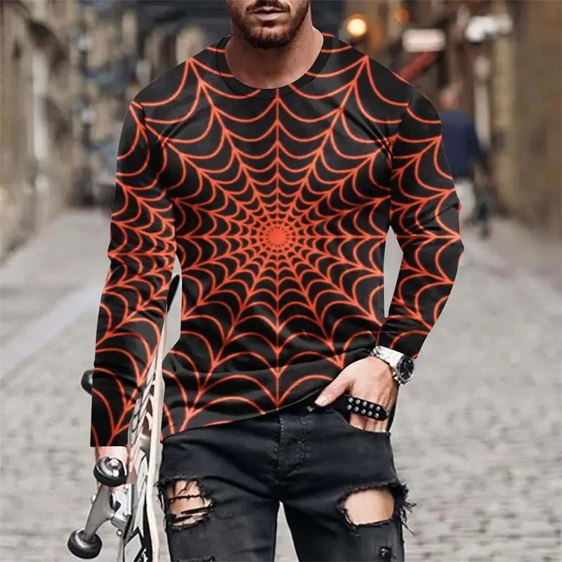 Halloween Spider Web Men 3D Print Long Sleeve T-Shirts Men New In Long Sleeve Oversized Harajuku Y2K Streetwear Tees Men Clothes