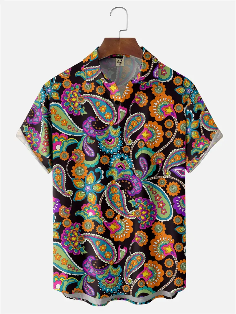 Men Hawaii Shirts 3D Paisley Graphic Short-sleeved Button Shirts Summer New Casual Lapel Unisex Tops Oversized Personality Tees