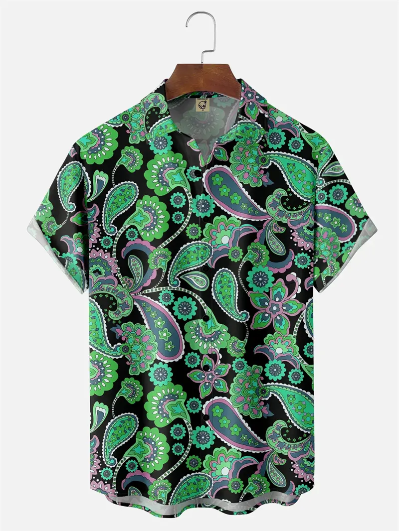 Men Hawaii Shirts 3D Paisley Graphic Short-sleeved Button Shirts Summer New Casual Lapel Unisex Tops Oversized Personality Tees