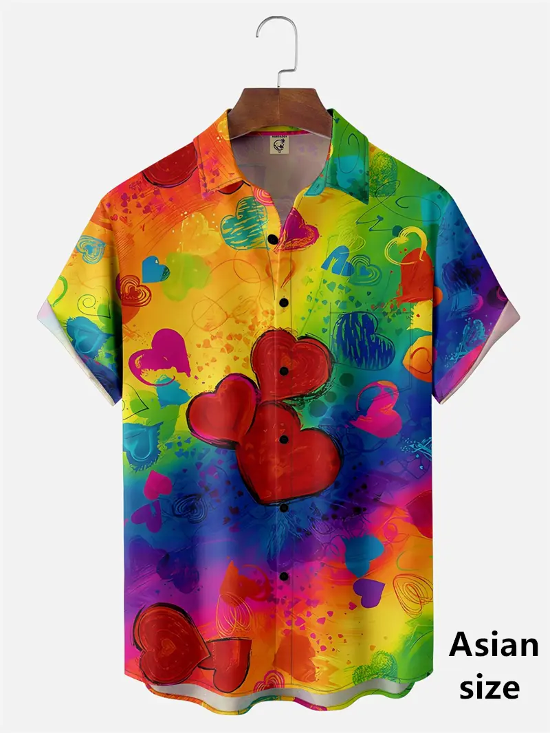 Couple Hawai Shirt 3D Print Heart Love Graphic Men Shirt Summer Short Sleeve Blouse Button Valentine Day Casual Street Clothes