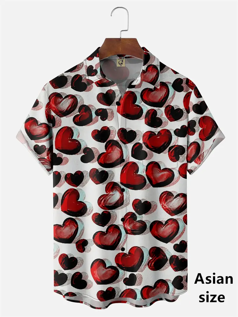 Couple Hawai Shirt 3D Print Heart Love Graphic Men Shirt Summer Short Sleeve Blouse Button Valentine Day Casual Street Clothes