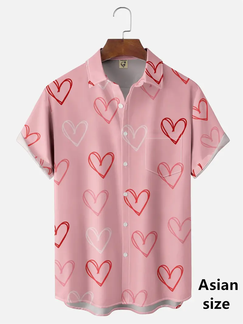 Couple Hawai Shirt 3D Print Heart Love Graphic Men Shirt Summer Short Sleeve Blouse Button Valentine Day Casual Street Clothes