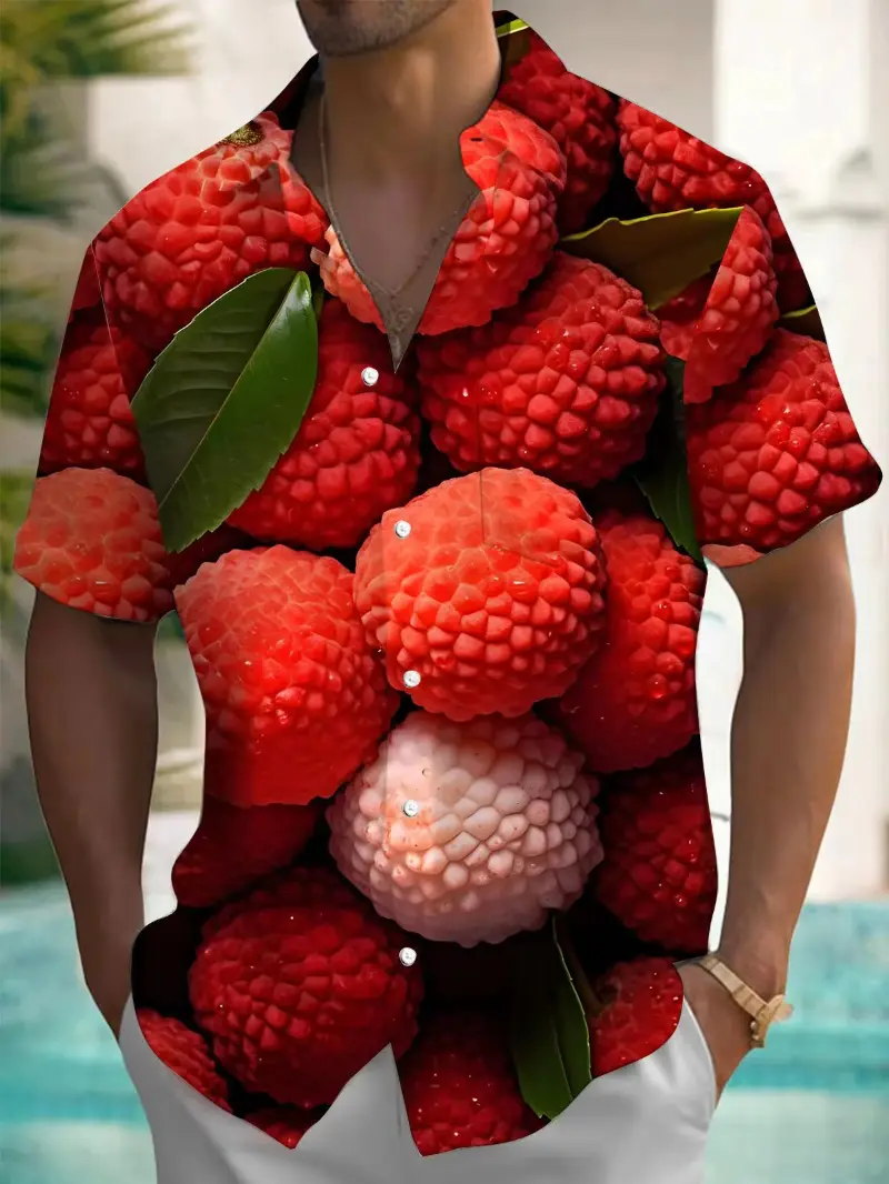 New Fruit Strawberry Print Men's Shirts Hawaiian Short Sleeve Shirt Polyester Suitable For Summer Vacation And Leisure Blouse