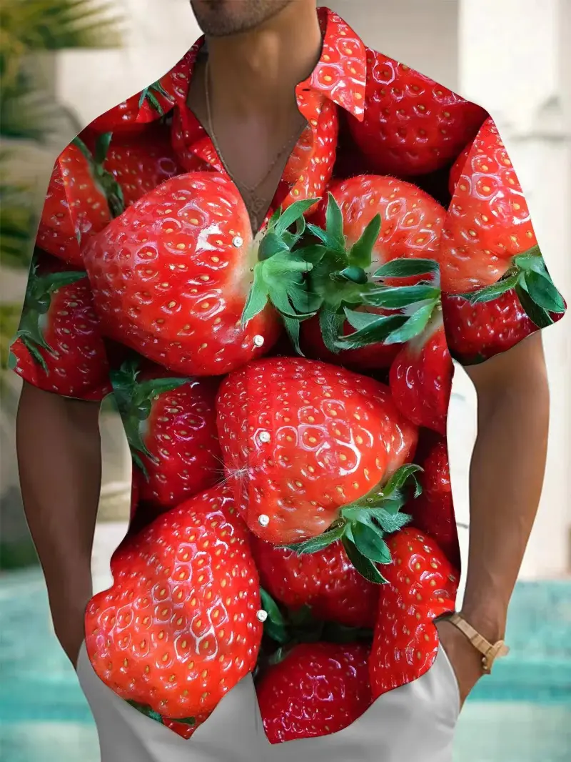 New Fruit Strawberry Print Men's Shirts Hawaiian Short Sleeve Shirt Polyester Suitable For Summer Vacation And Leisure Blouse