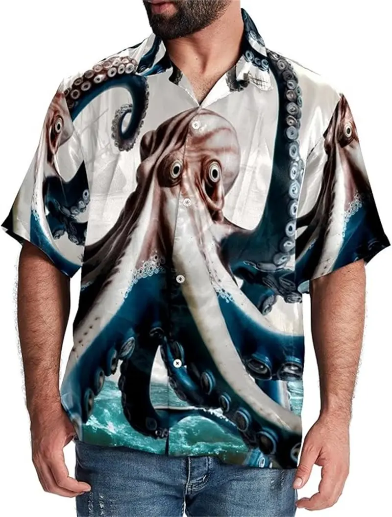 Fashion Men's Summer Hawaiian Short Sleeve Oversized Shirt 3D Printed Tentacle Pattern Casual Top Loose Oversize Men Blouse New