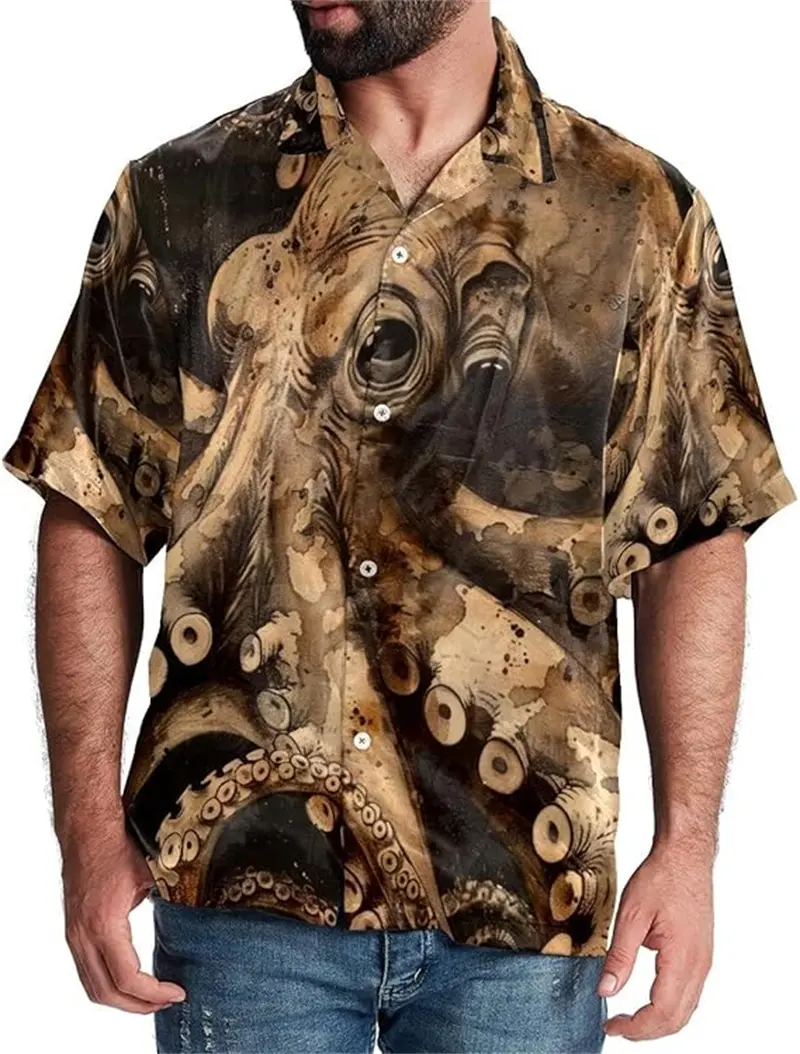 Fashion Men's Summer Hawaiian Short Sleeve Oversized Shirt 3D Printed Tentacle Pattern Casual Top Loose Oversize Men Blouse New
