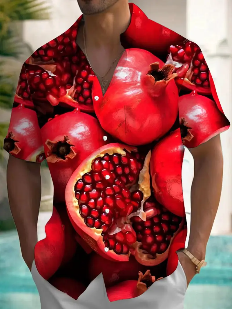 New Fruit Strawberry Print Men's Shirts Hawaiian Short Sleeve Shirt Polyester Suitable For Summer Vacation And Leisure Blouse