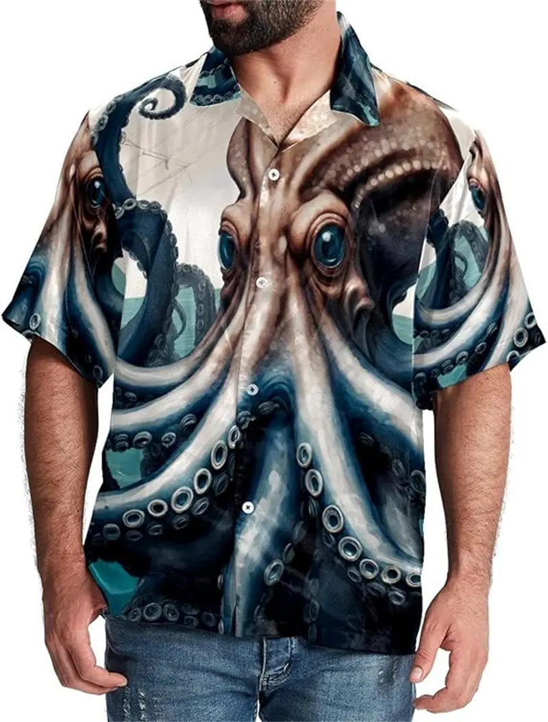 Fashion Men's Summer Hawaiian Short Sleeve Oversized Shirt 3D Printed Tentacle Pattern Casual Top Loose Oversize Men Blouse New