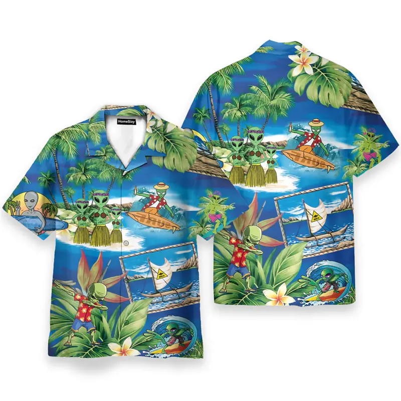 Funny Alien Pattern Hawaiian Shirt For Men Summer 3d Printed Art Casual Shirts Women Street Short Sleeves Loose Button Blouse