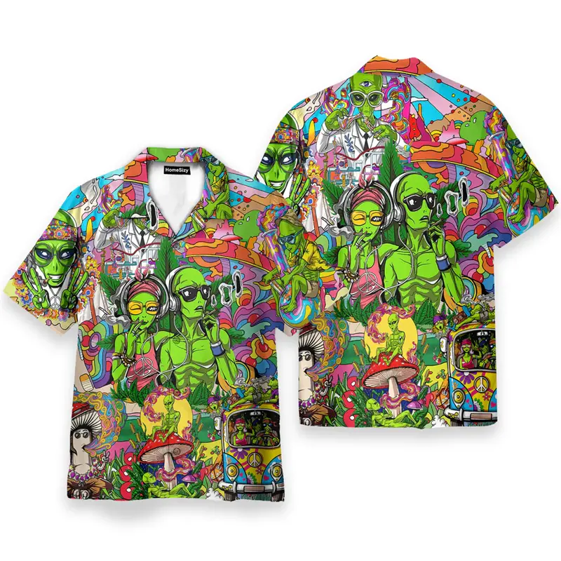 Funny Alien Pattern Hawaiian Shirt For Men Summer 3d Printed Art Casual Shirts Women Street Short Sleeves Loose Button Blouse