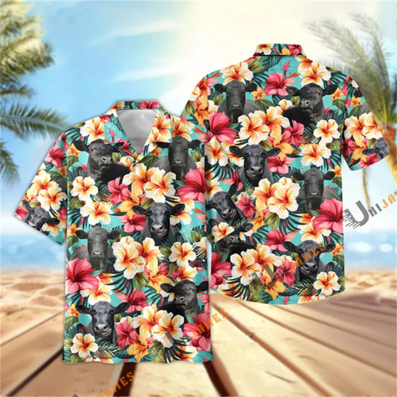 Unique Farm Flower Black Angus Cow Shirts Mens 3D Animal Print Beach Shirt Casual Tropical Hawaiian Button Short Sleeve Blouse