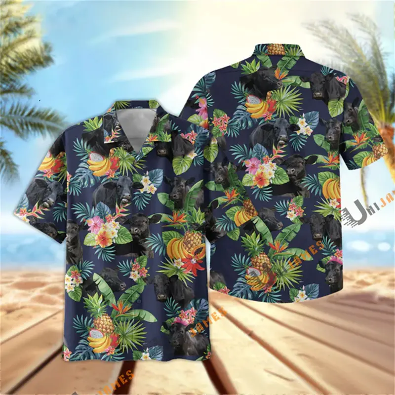 Unique Farm Flower Black Angus Cow Shirts Mens 3D Animal Print Beach Shirt Casual Tropical Hawaiian Button Short Sleeve Blouse