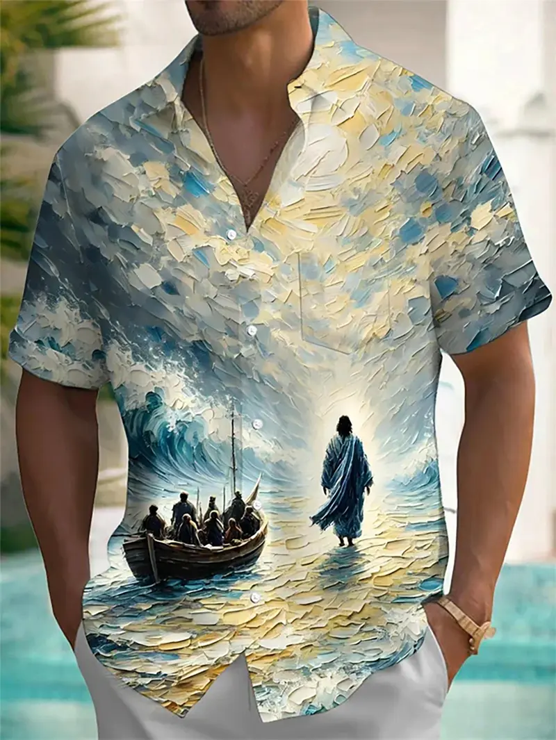 God Jesus Mary 3D Print Hawaiian Shirts For Men Casual Short Sleeve Oversived Tee Shirt Top Clothes Men Button Up Shirts Blouses