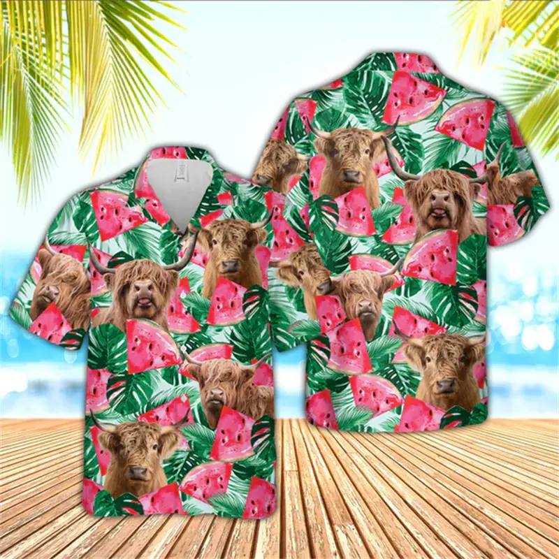 Unique Farm Flower Black Angus Cow Shirts Mens 3D Animal Print Beach Shirt Casual Tropical Hawaiian Button Short Sleeve Blouse