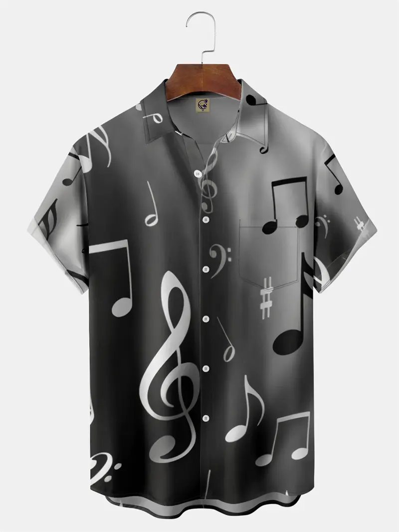 New Hawaiian Art Music Elements Notes 3D Printing Classic Short Sleeve Shirt Fashion Oversized Shirts For Men Harajuku Y2k Tops