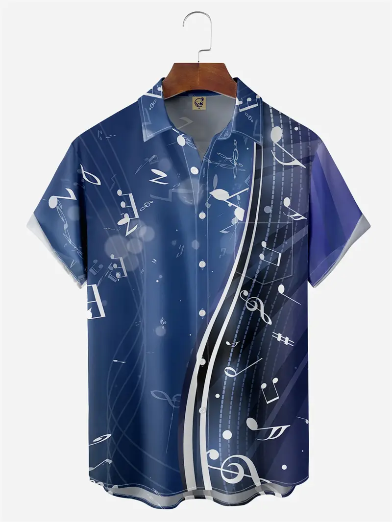 New Hawaiian Art Music Elements Notes 3D Printing Classic Short Sleeve Shirt Fashion Oversized Shirts For Men Harajuku Y2k Tops