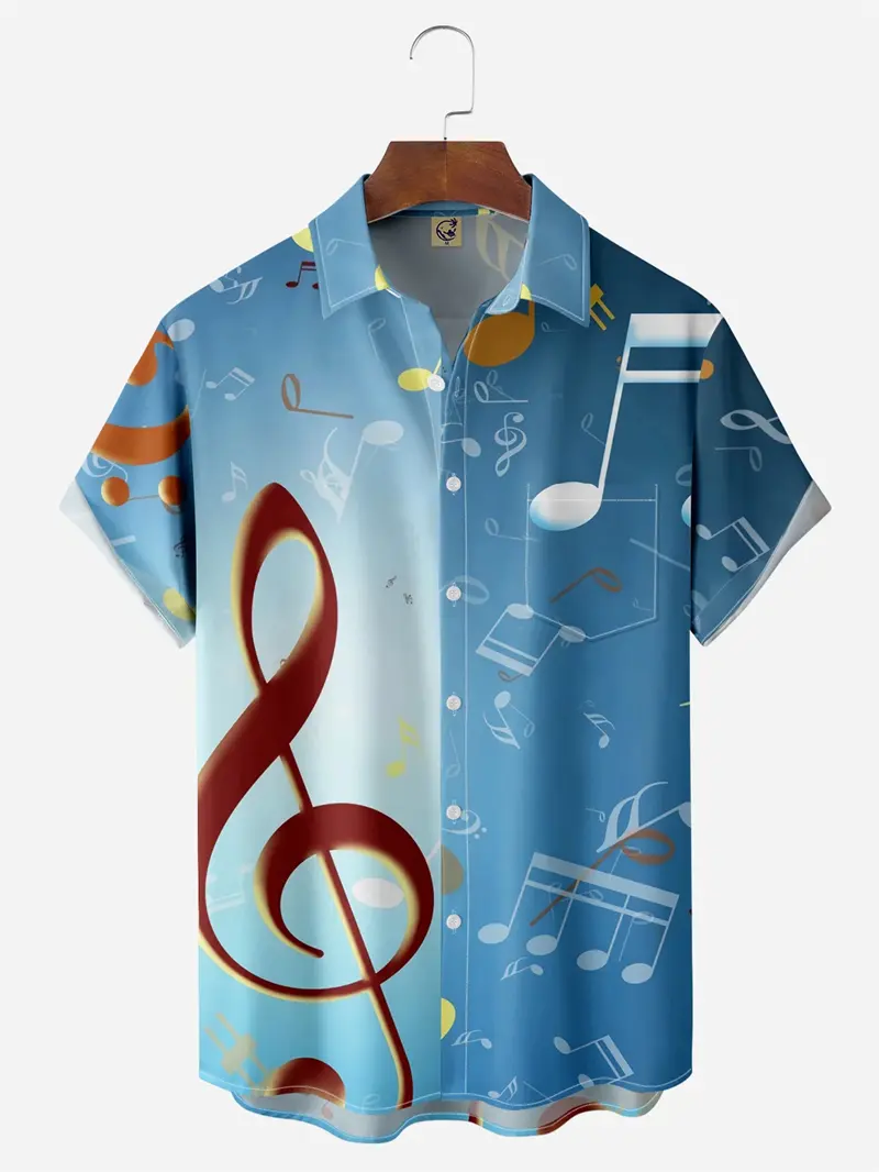 New Hawaiian Art Music Elements Notes 3D Printing Classic Short Sleeve Shirt Fashion Oversized Shirts For Men Harajuku Y2k Tops