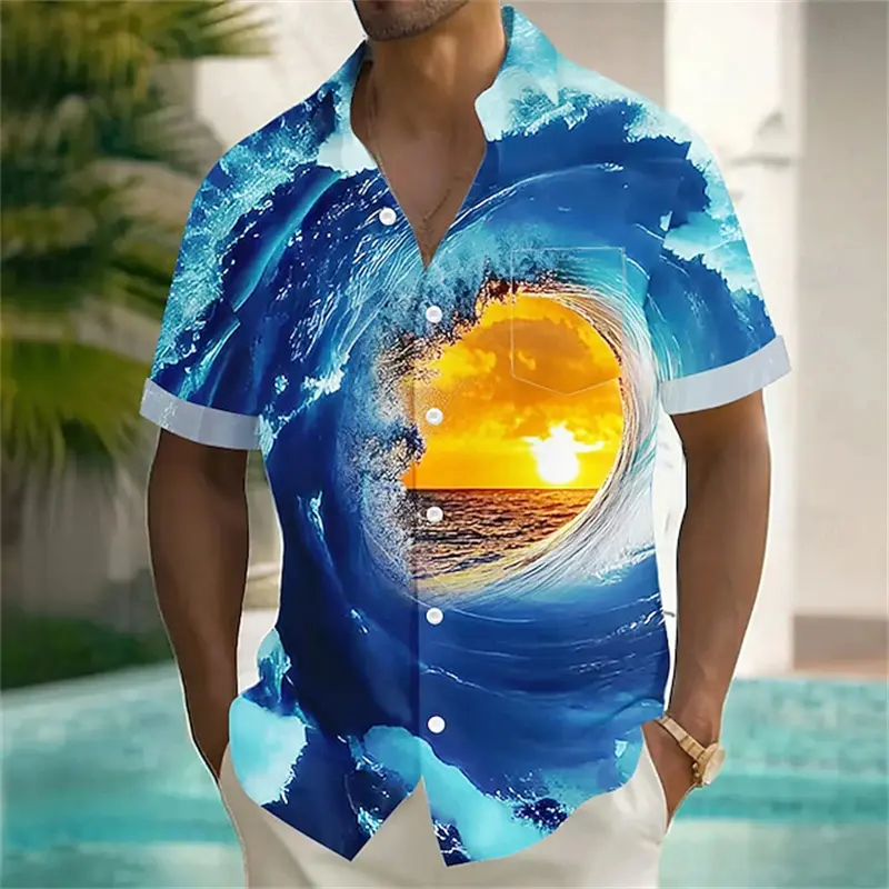 Men's Optical Illusion Ocean Waves Summer Hawaiian Shirt Button Up Shirt Aloha Shirt Short Sleeve Hawaiian Vacation Beach Shirts