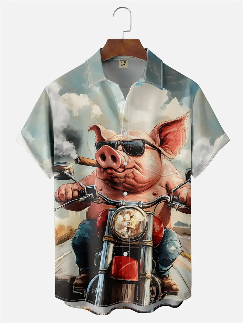 Funny Cartoon Pig Pattern Hawaiian Shirt For Men Women 3D Printed Short Sleeves Summer Button Oversized Shirts Streetwear Tops