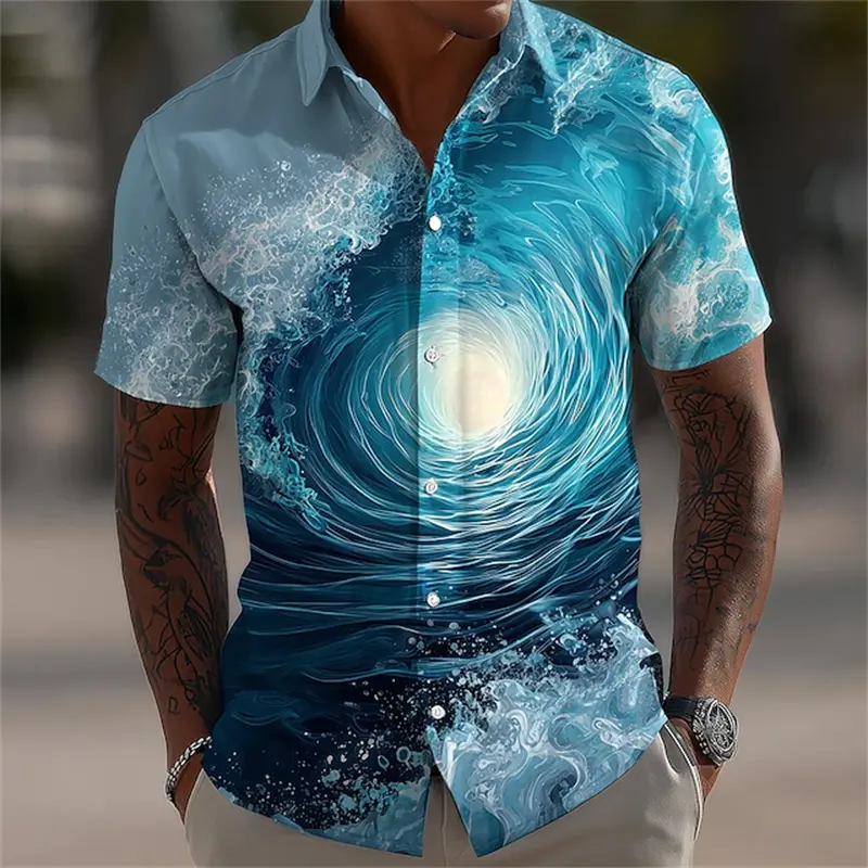Men's Optical Illusion Ocean Waves Summer Hawaiian Shirt Button Up Shirt Aloha Shirt Short Sleeve Hawaiian Vacation Beach Shirts