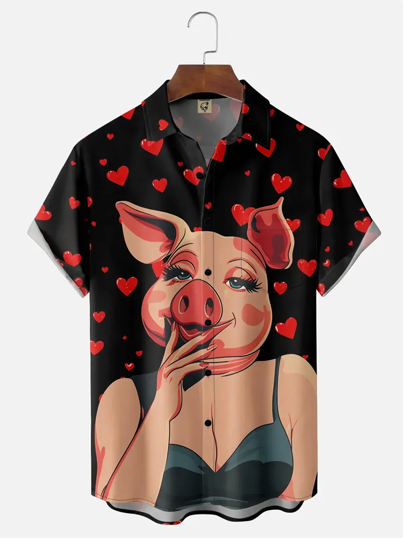 Funny Cartoon Pig Pattern Hawaiian Shirt For Men Women 3D Printed Short Sleeves Summer Button Oversized Shirts Streetwear Tops