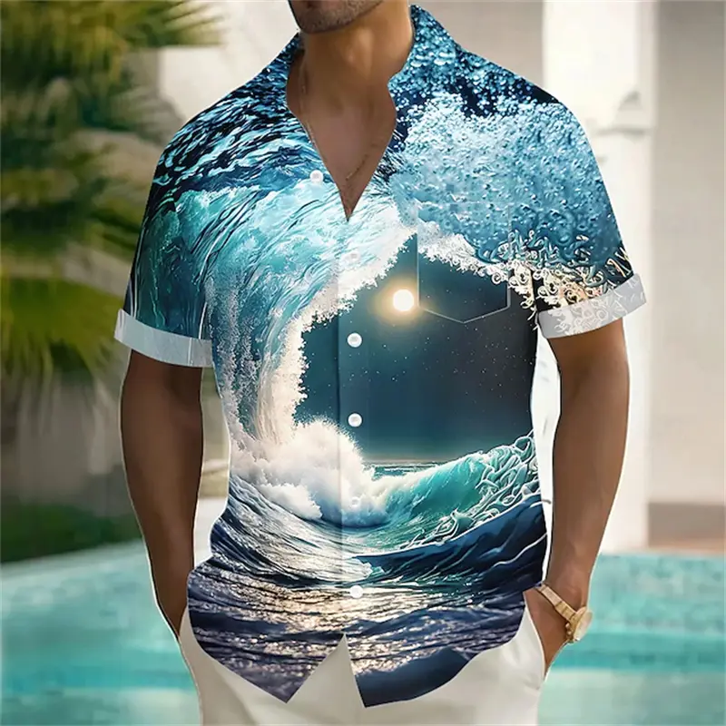 Men's Optical Illusion Ocean Waves Summer Hawaiian Shirt Button Up Shirt Aloha Shirt Short Sleeve Hawaiian Vacation Beach Shirts