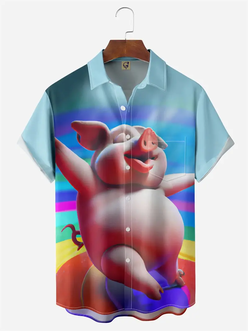 Funny Cartoon Pig Pattern Hawaiian Shirt For Men Women 3D Printed Short Sleeves Summer Button Oversized Shirts Streetwear Tops