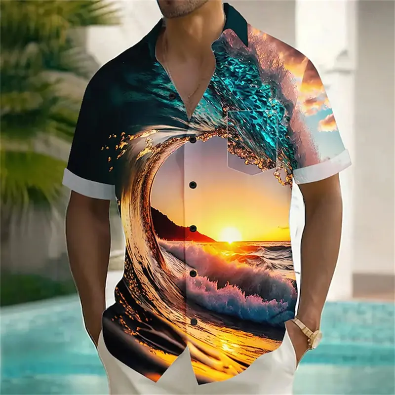 Men's Optical Illusion Ocean Waves Summer Hawaiian Shirt Button Up Shirt Aloha Shirt Short Sleeve Hawaiian Vacation Beach Shirts
