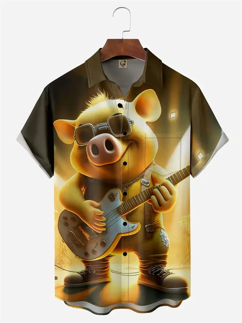 Funny Cartoon Pig Pattern Hawaiian Shirt For Men Women 3D Printed Short Sleeves Summer Button Oversized Shirts Streetwear Tops