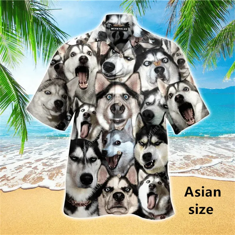 Funny Siberian Husky Dog Graphic Print Shirt For Men Women New Fashion Casual Short Sleeve Top Button Hawaiian Shirt Men Clothes