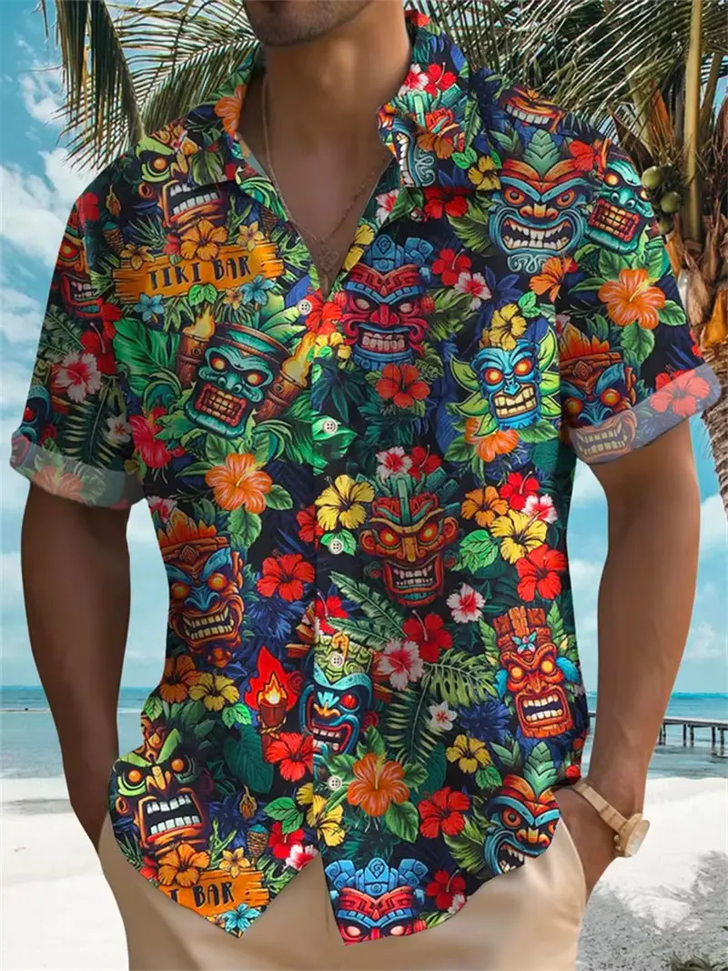 2025 New Casual Short Sleeved Hawaiian Shirt Y2k Men's Clothing New Style Lapel Button Men's Shirt Retro Tree Print Beach Shirt
