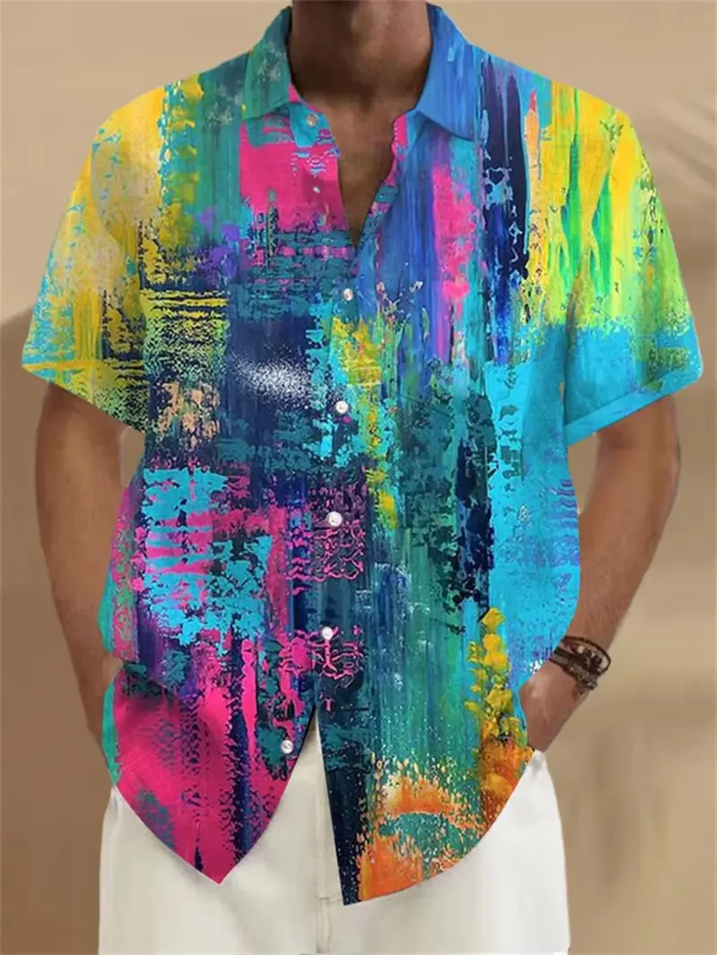 2025 New Casual Short Sleeved Hawaiian Shirt Y2k Men's Clothing New Style Lapel Button Men's Shirt Retro Tree Print Beach Shirt